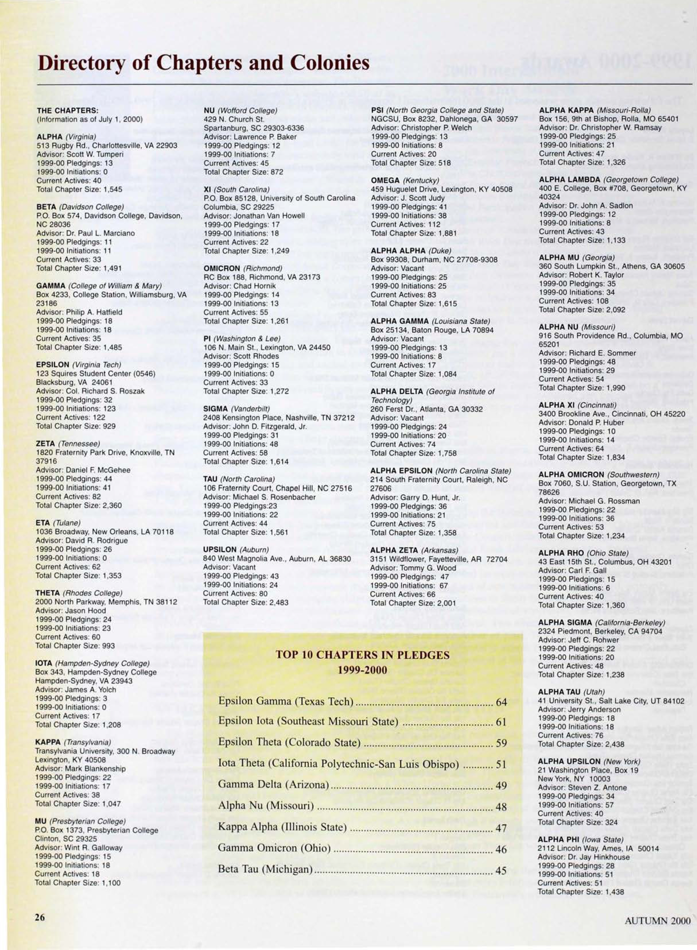 Directory Of Chapters and Colonies, Autumn 2000